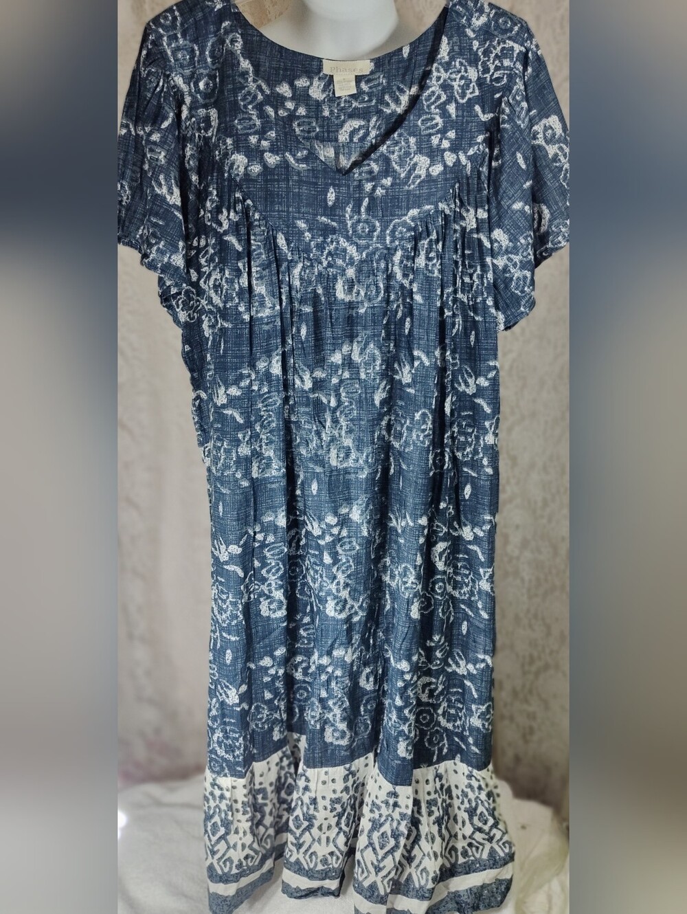 Phases Indigo Floral Boho Maxi Dress 100% Voile Cotton